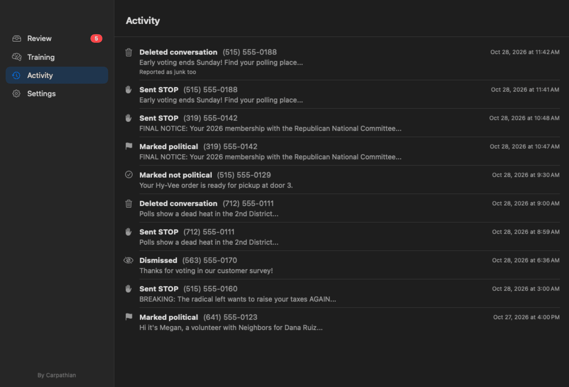 The STOP! Activity screen listing each STOP sent, each text marked political or not, and each deleted conversation, with times