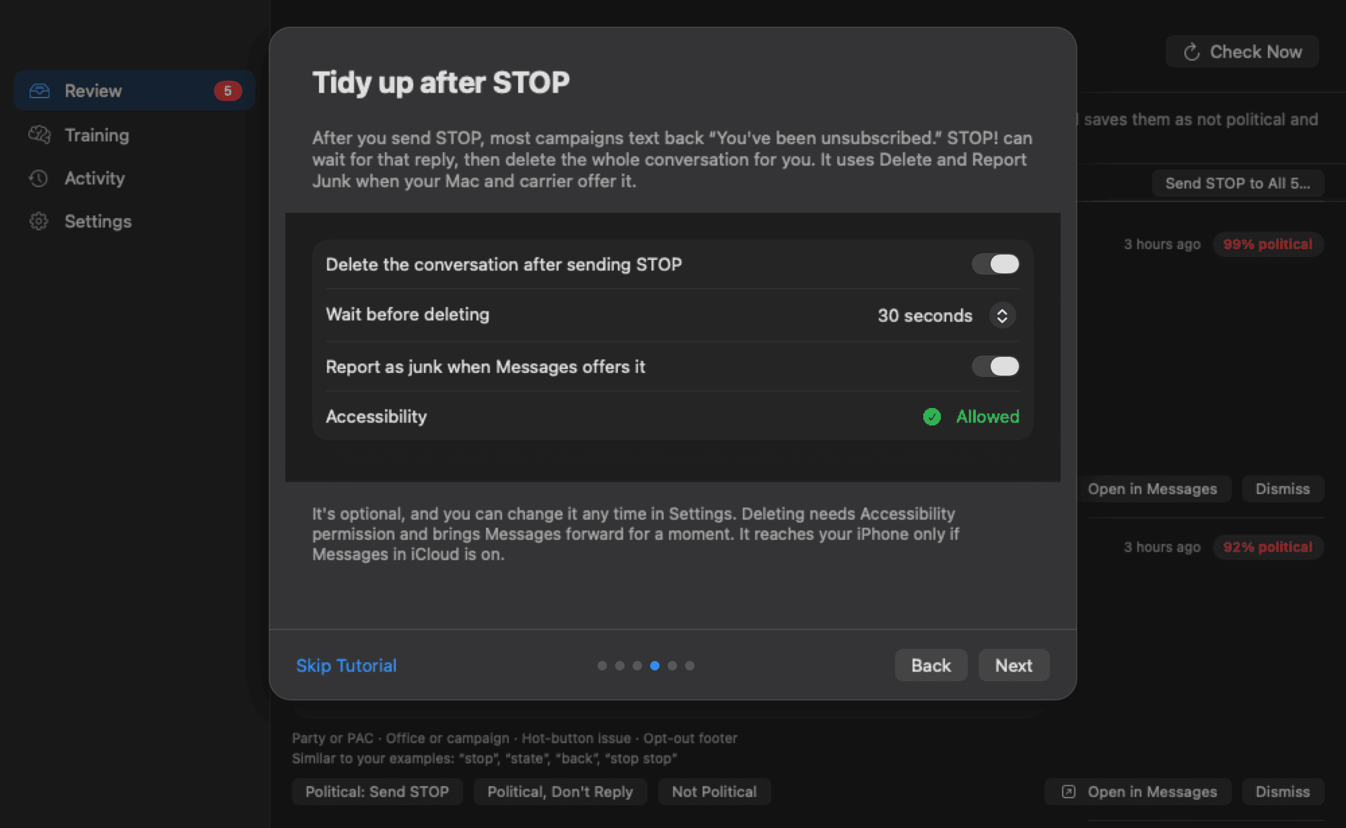 STOP! settings for deleting the conversation after sending STOP, the wait before deleting, and reporting it as junk