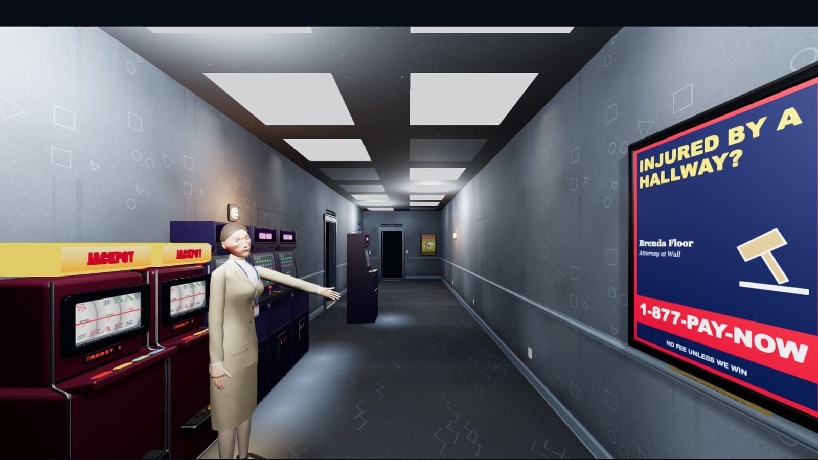 Carpathian Backrooms building staff member beside slot machines in the arcade