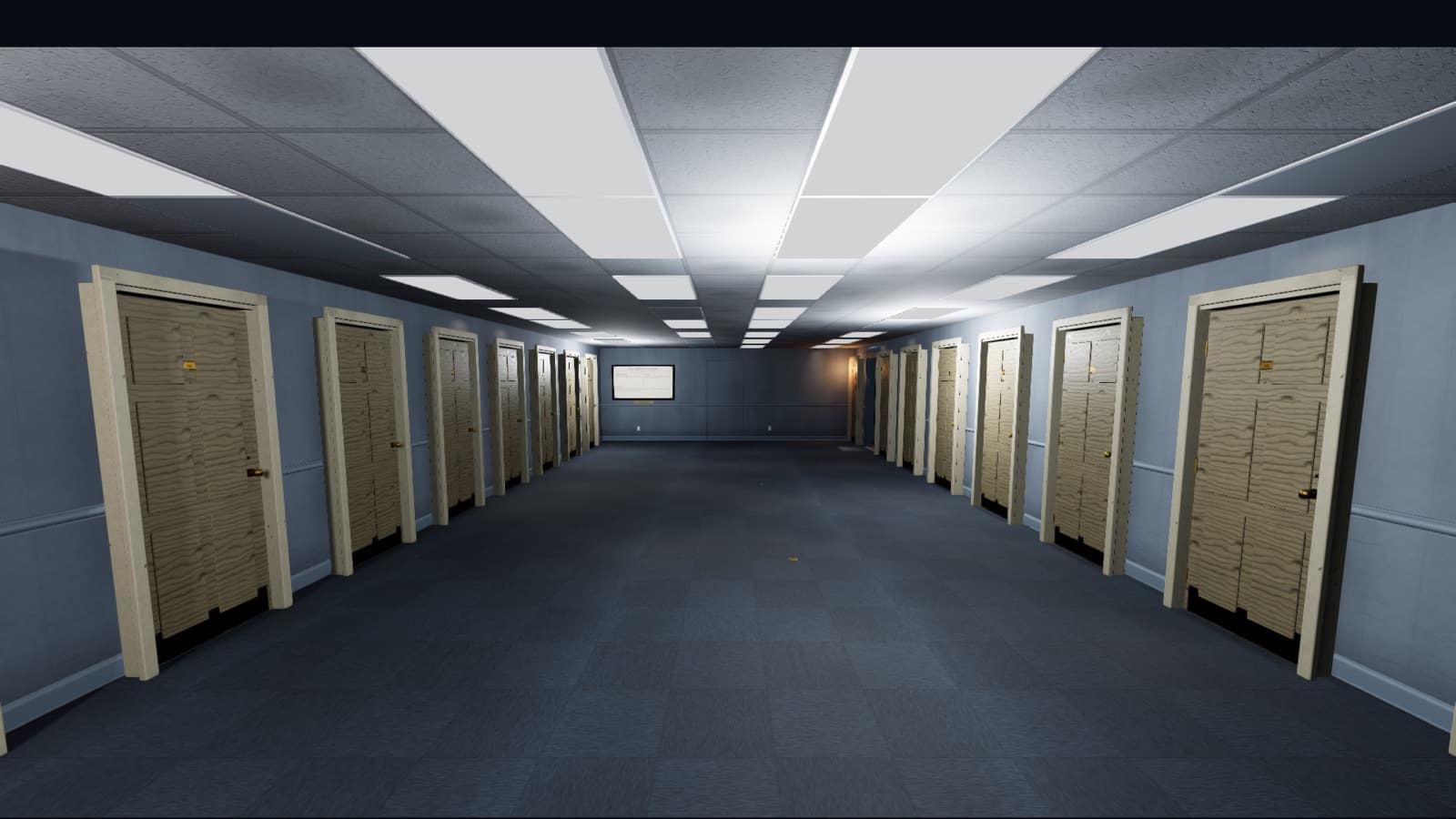 Carpathian Backrooms endless hallway lined with identical wooden doors