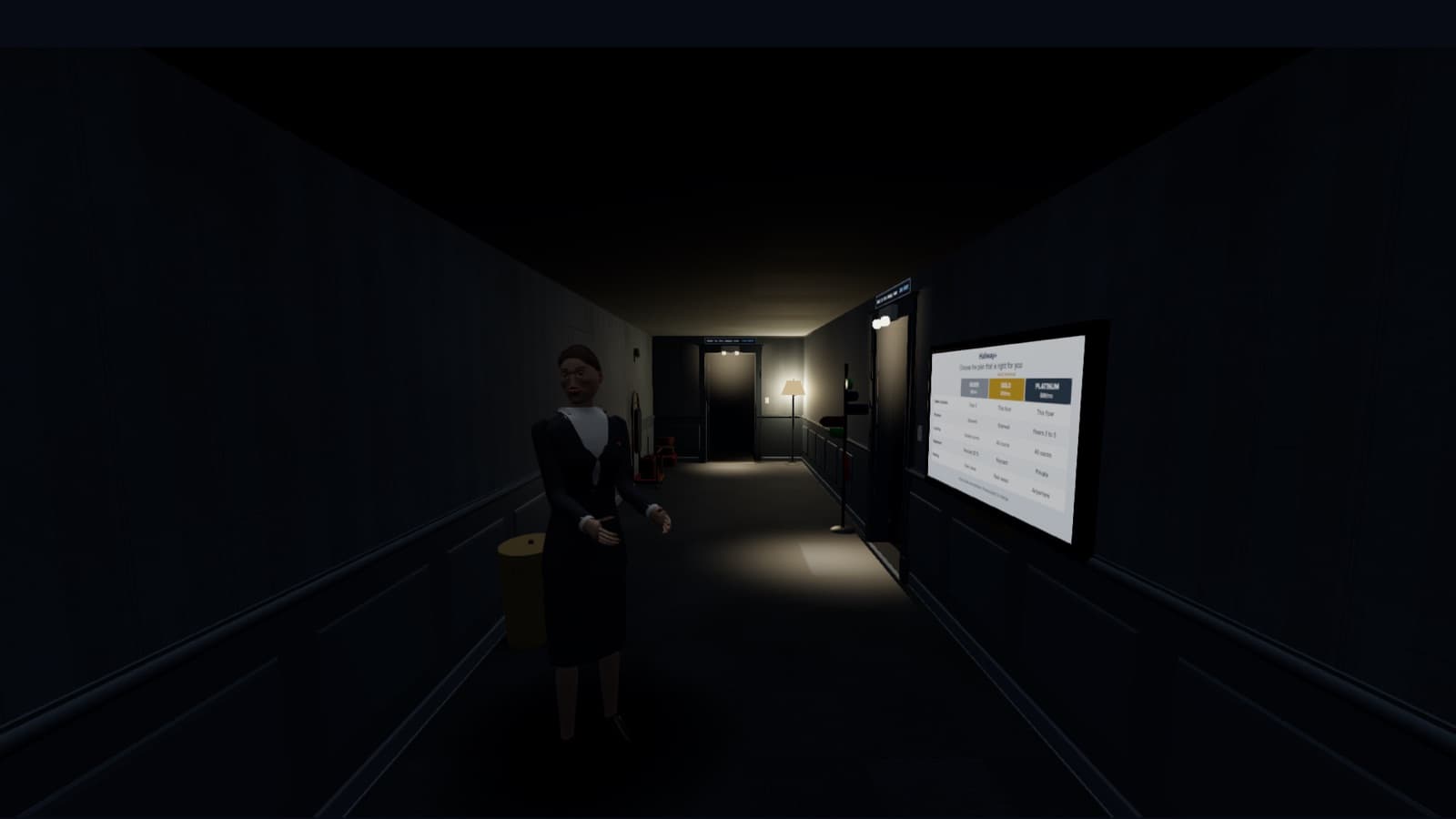 Carpathian Backrooms dim hotel corridor with a staff member in the shadows