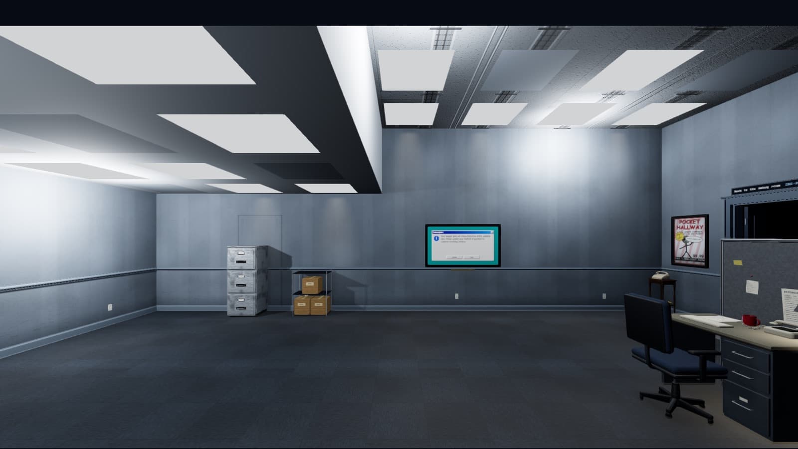 Carpathian Backrooms office with a desk, filing cabinets and a wall screen