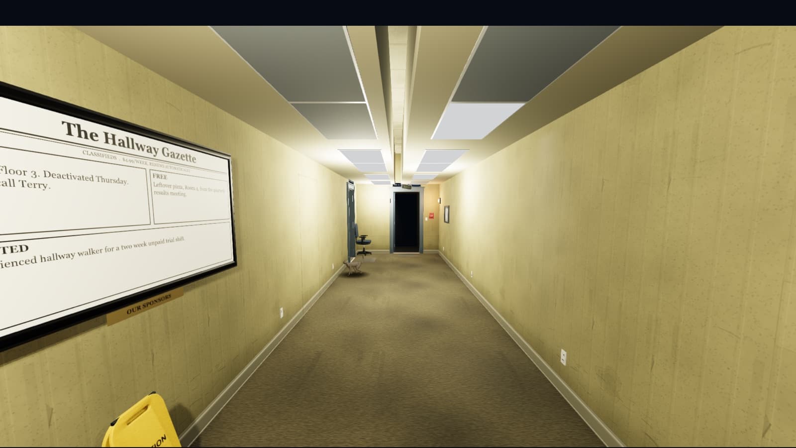 Carpathian Backrooms narrow corridor with yellow walls and damp carpet
